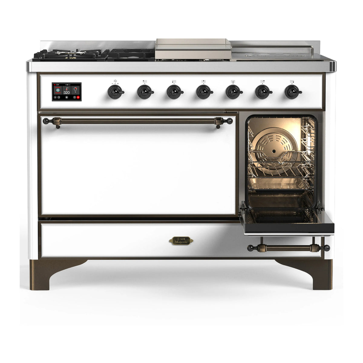 White dual fuel range with open oven door showing broiler/heating elements inside