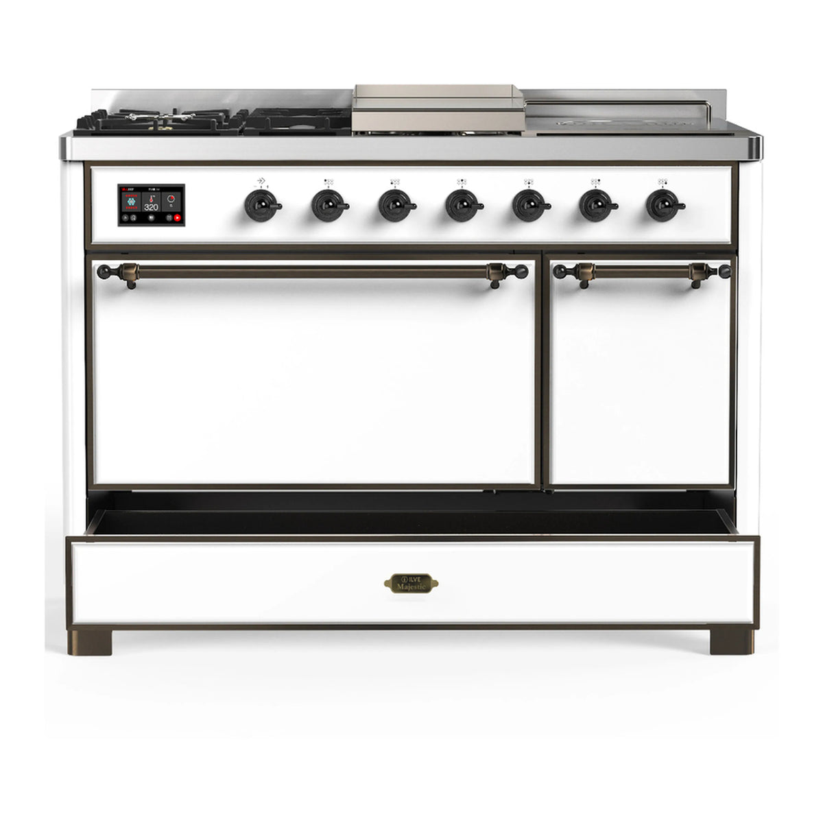 White dual fuel range with closed oven doors and front control panel with knobs