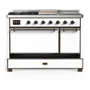 ILVE Majestic III 48-inch Dual Fuel Range with 5 Natural Gas Burner, Griddle, French Top and Solid Door Electric Oven in White with Burnished Trim (UM48FSQNR3WHB)