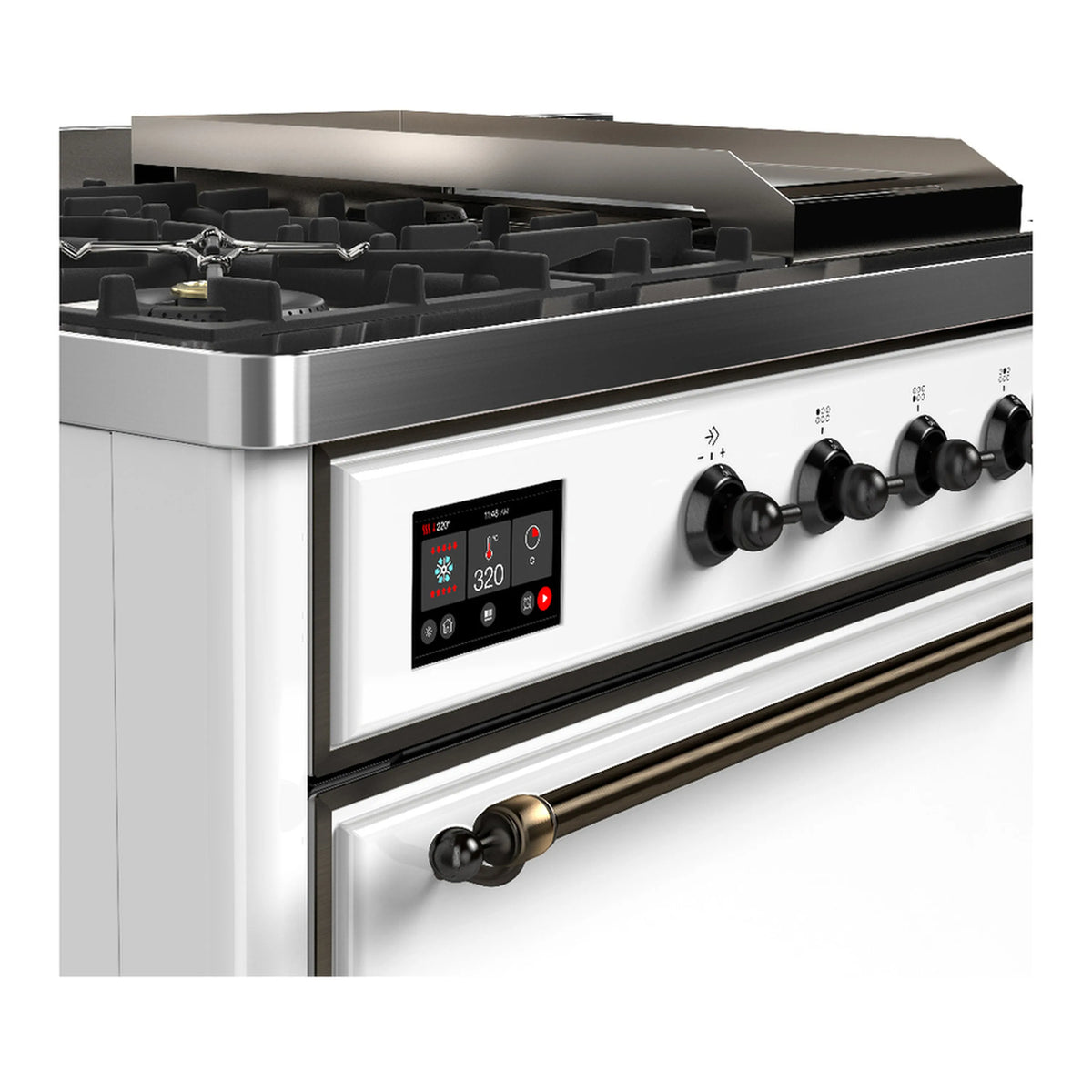 White dual fuel range control panel with digital display and black burner knobs