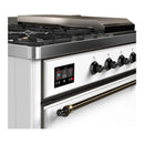 ILVE Majestic III 48-inch Dual Fuel Range with 5 Natural Gas Burner, Griddle, French Top and Solid Door Electric Oven in White with Burnished Trim (UM48FSQNR3WHB)
