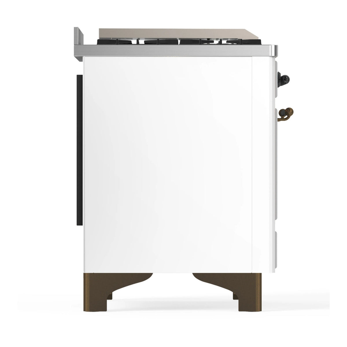 White dual fuel range side view with closed oven door and back control trim