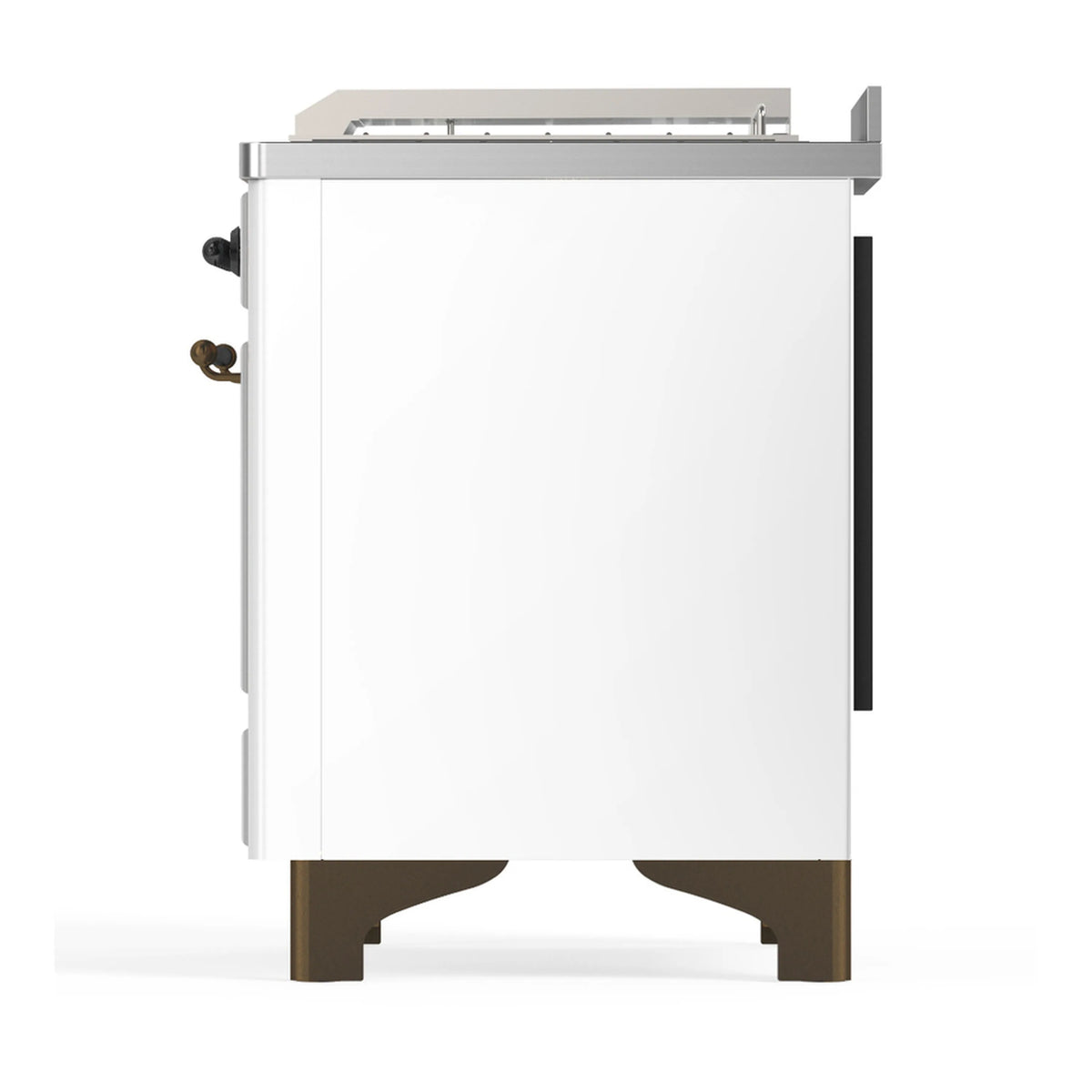 White dual fuel range opposite side view with handle details and vented trim