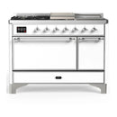 ILVE Majestic III 48-inch Dual Fuel Range with 5 Natural Gas Burner, Griddle, French Top and Solid Door Electric Oven in White with Chrome Trim (UM48FSQNR3WHC)