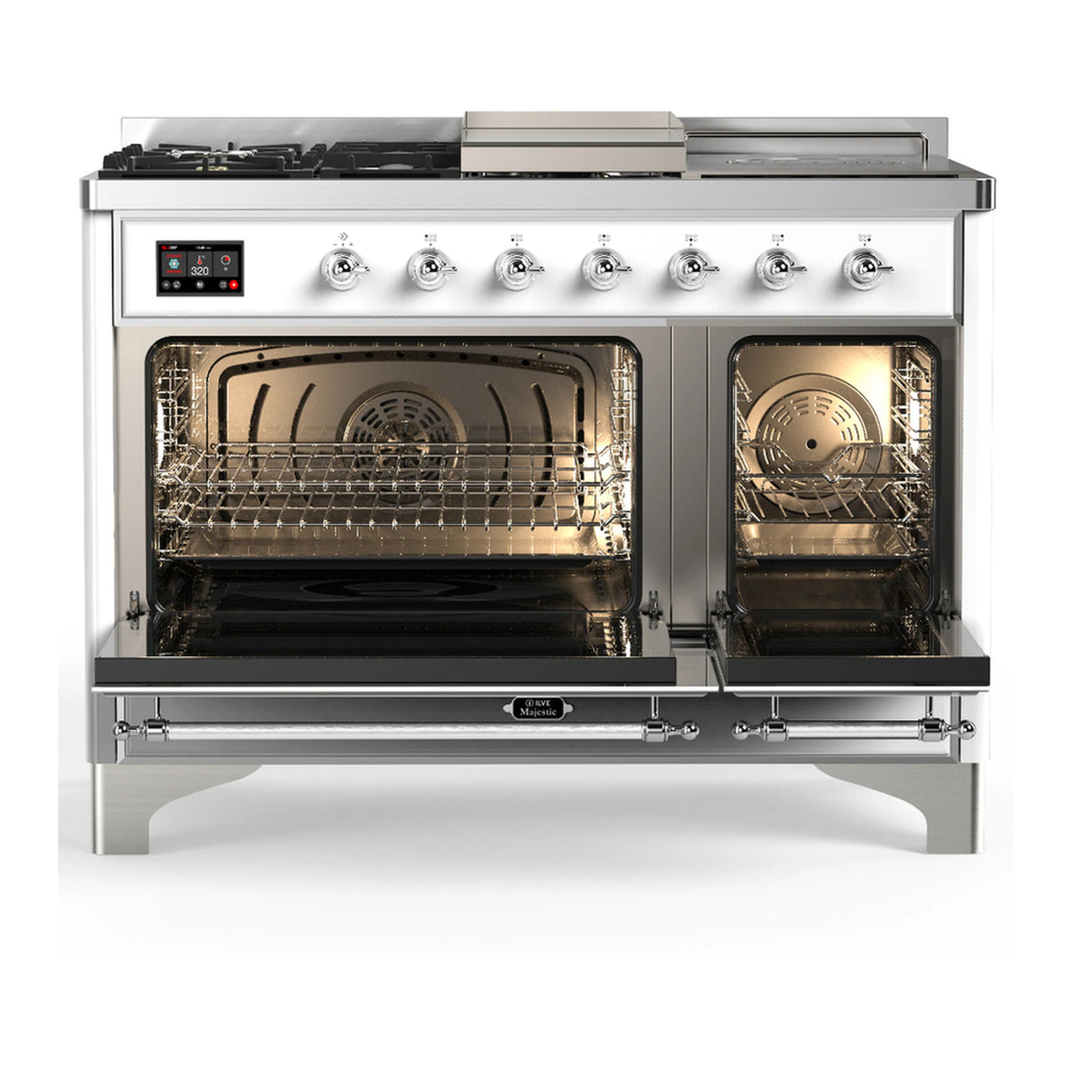 White dual fuel range with chrome trim; front doors open to reveal ovens and racks