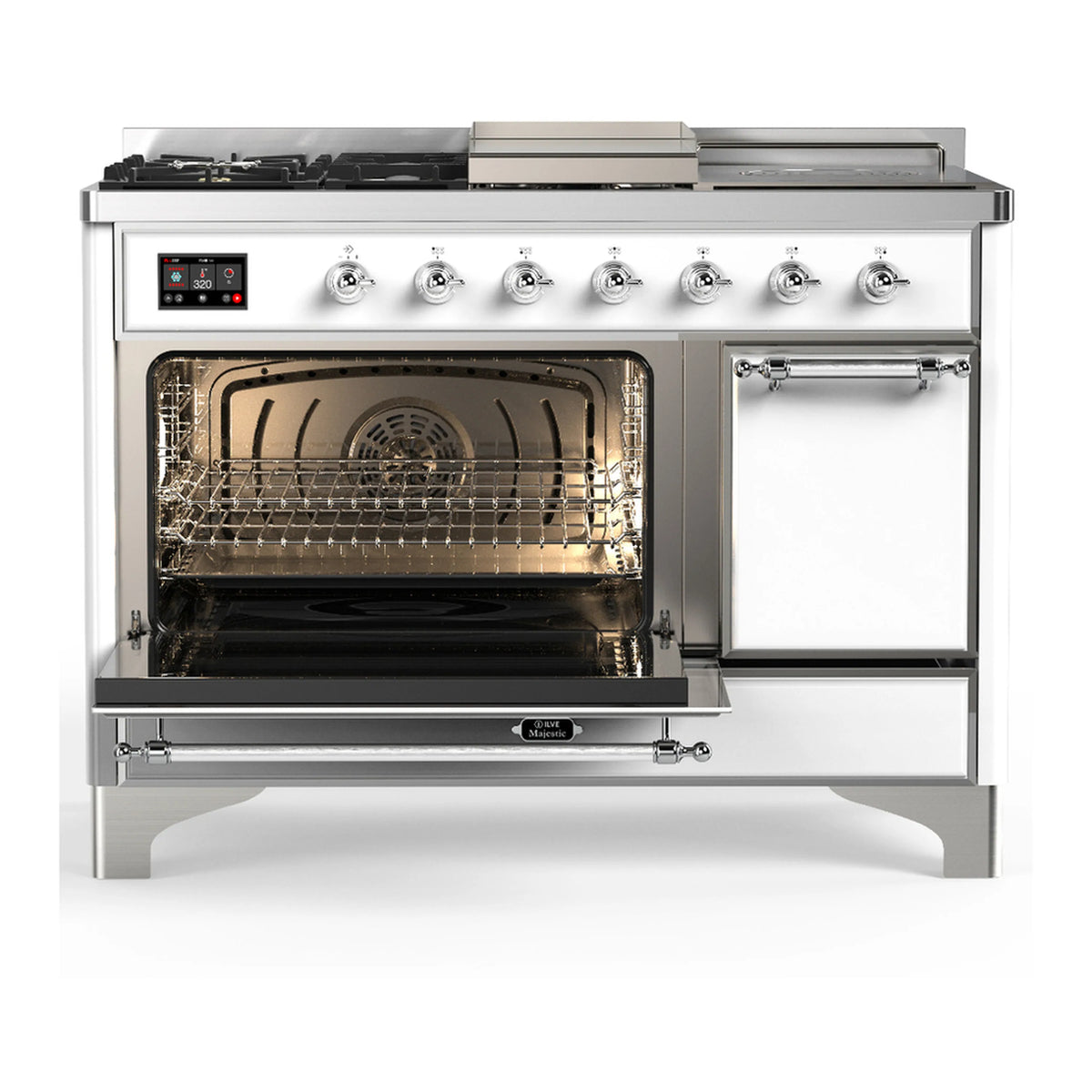 White dual fuel range with chrome trim; oven door open on right, grates and oven visible