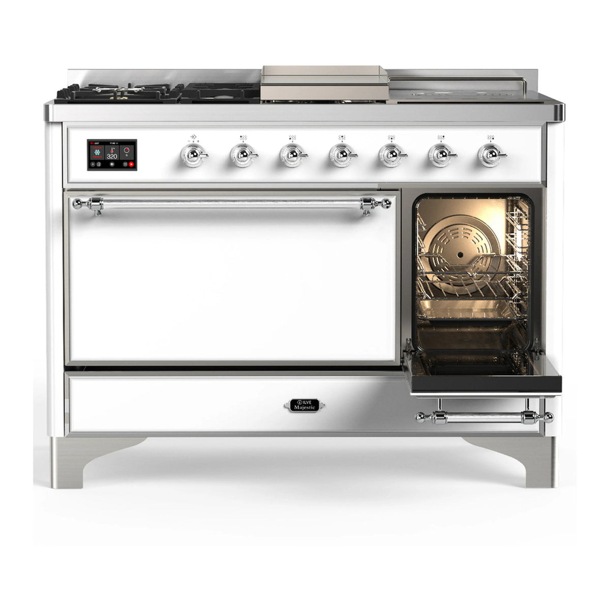 White dual fuel range with chrome trim; large oven door open on left side