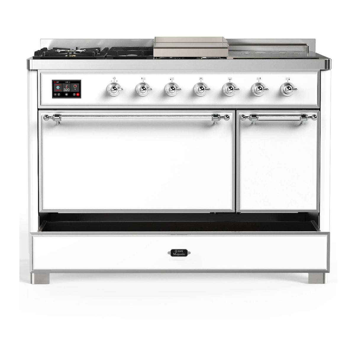 White dual fuel range with chrome trim; both oven doors closed and control panel visible