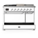 ILVE Majestic III 48-inch Dual Fuel Range with 5 Natural Gas Burner, Griddle, French Top and Solid Door Electric Oven in White with Chrome Trim (UM48FSQNR3WHC)
