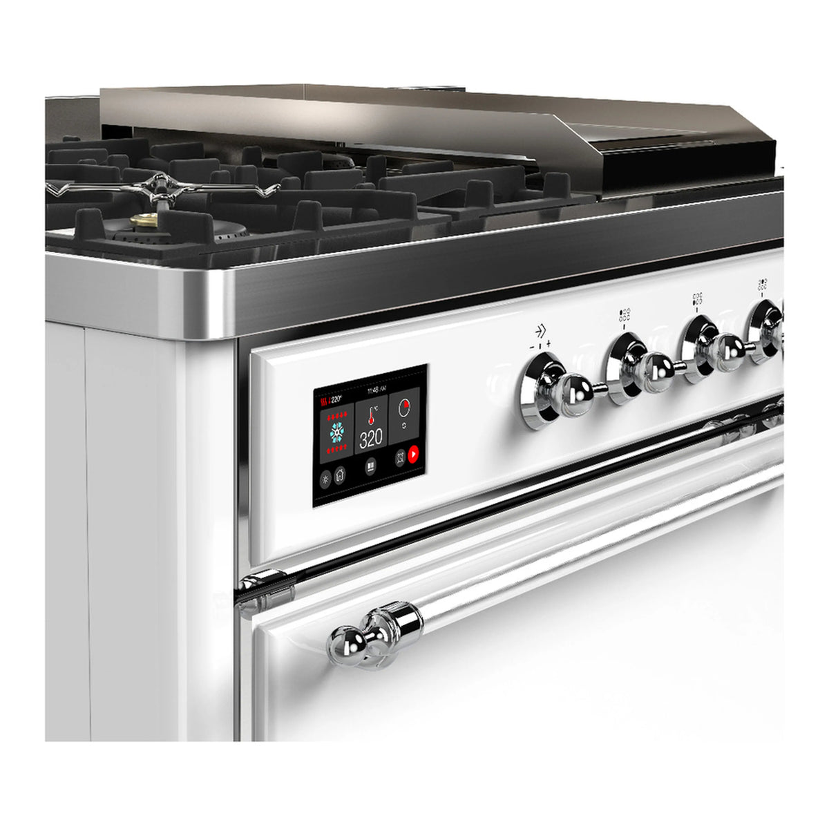 White dual fuel range close-up of control panel with knobs and digital display