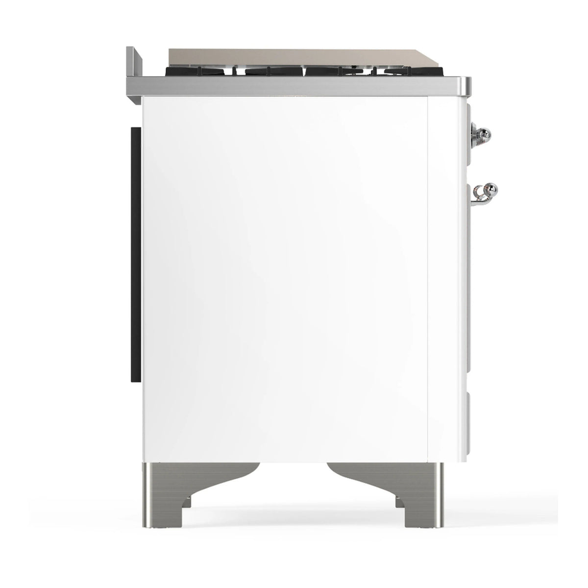 White dual fuel range back view with vented side panels and rear access features