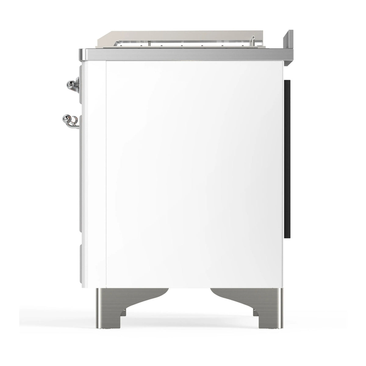 White dual fuel range back view showing rear panel and side hinges