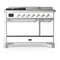 ILVE Majestic III 48-inch Dual Fuel Range with 5 Natural Gas Burner, Griddle, French Top and Solid Door Electric Oven in White with Chrome Trim (UM48FSQNR3WHC)
