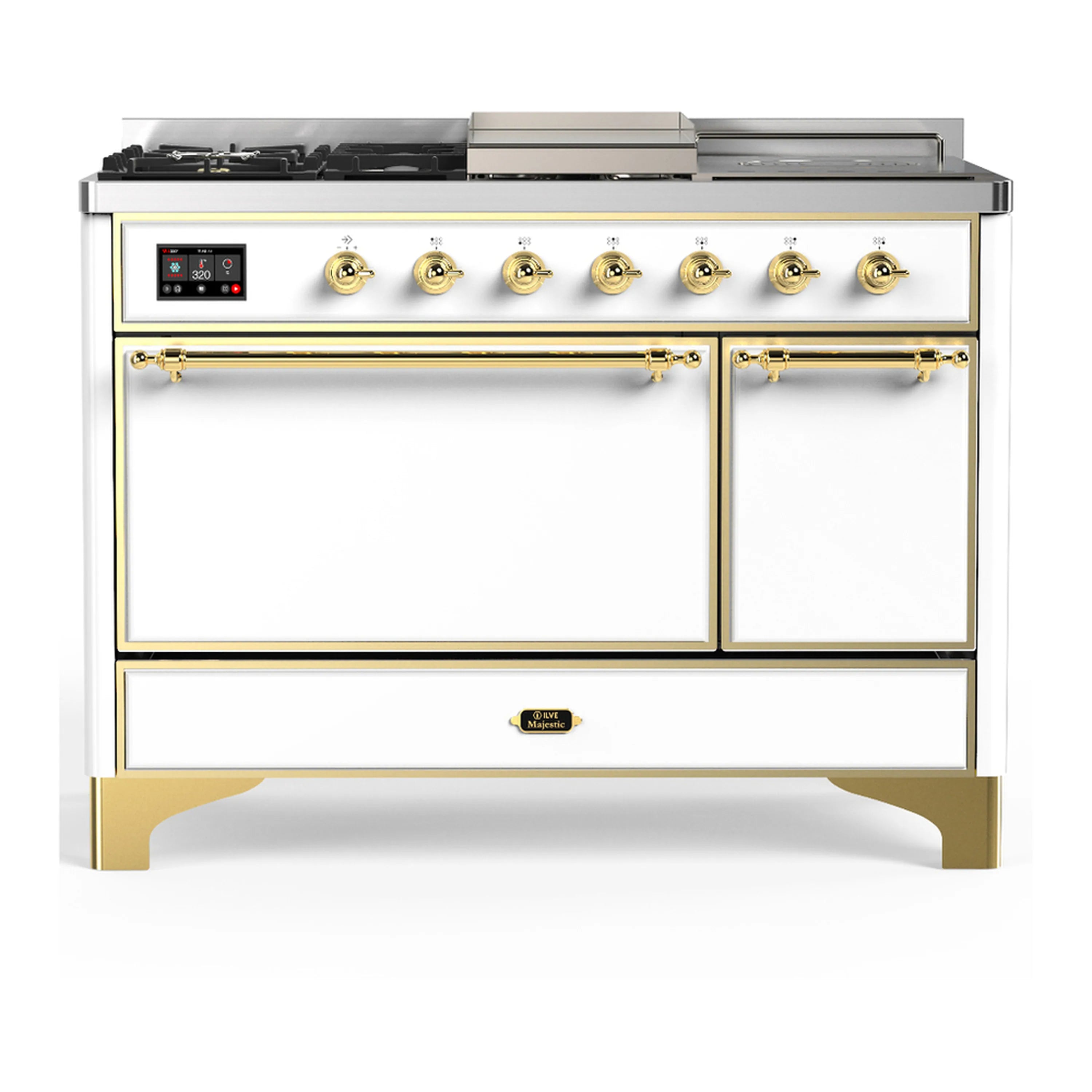 White dual fuel range front view with two oven doors, brass trim and gold knobs