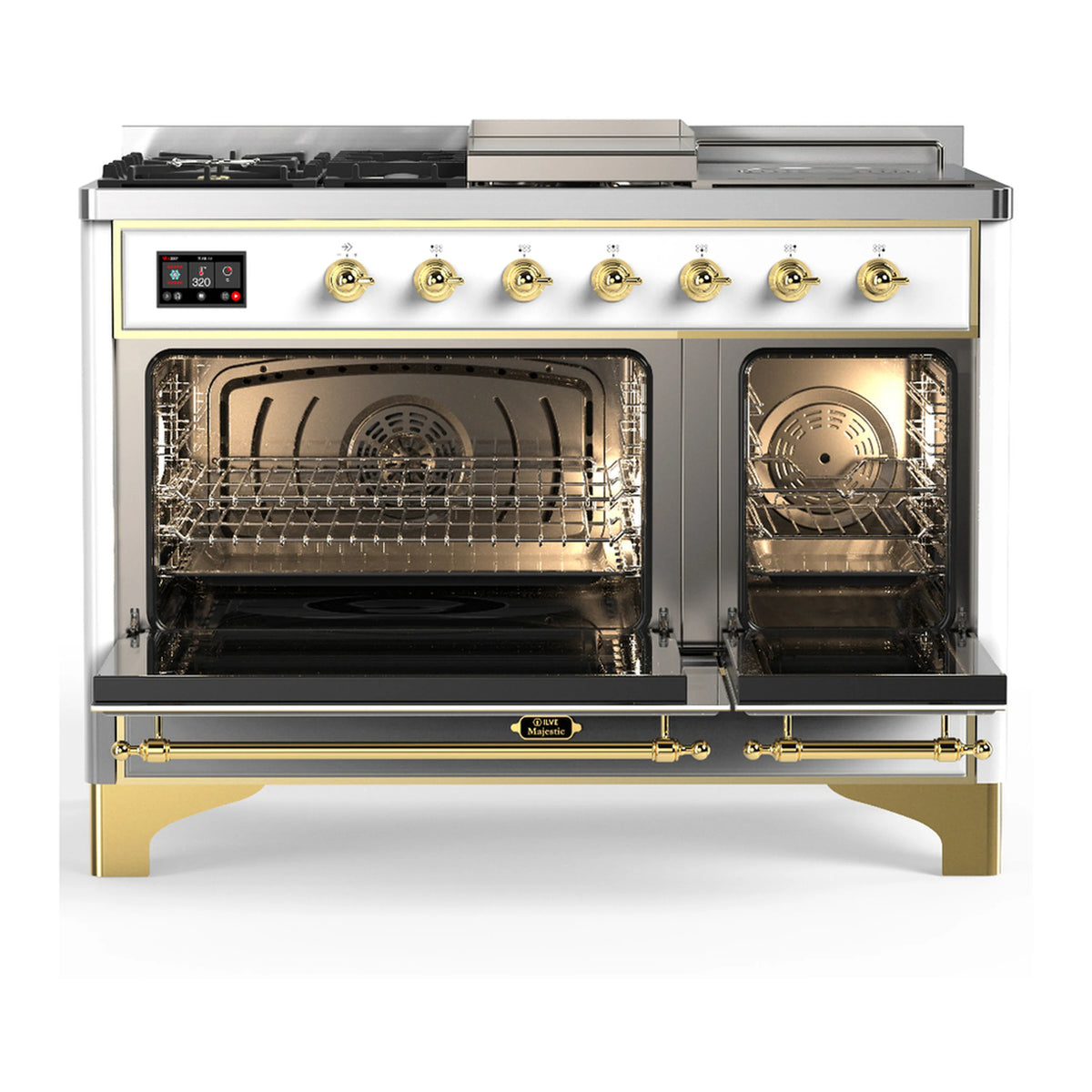 White dual fuel range with open oven doors, gold knobs and brass trim