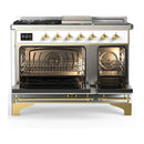 ILVE Majestic III 48-inch Dual Fuel Range with 5 Liquid Propane Burner, Griddle, French Top and Solid Door Electric Oven in White with Brass Trim (UM48FSQNR3WHGLP)