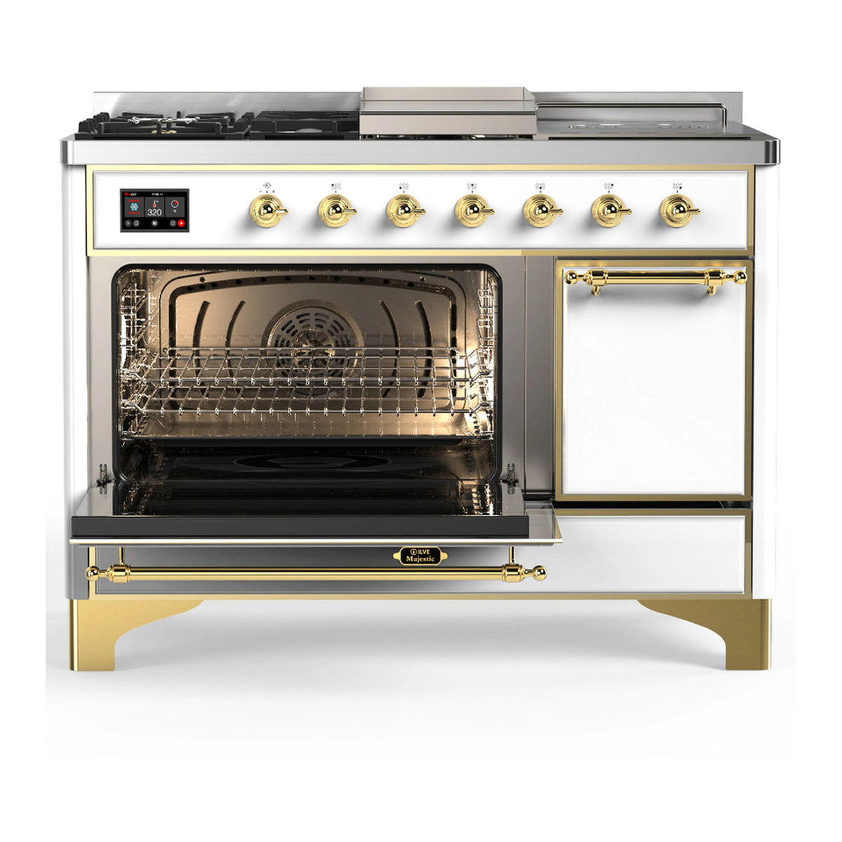 White dual fuel range with one oven door open, gold handles and brass trim