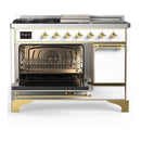 ILVE Majestic III 48-inch Dual Fuel Range with 5 Liquid Propane Burner, Griddle, French Top and Solid Door Electric Oven in White with Brass Trim (UM48FSQNR3WHGLP)