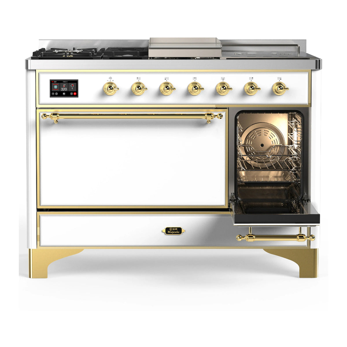 White dual fuel range with closed front panel and open right oven door, brass trim