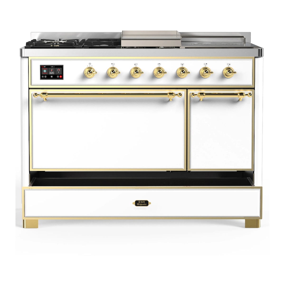 White dual fuel range with both oven doors open, gold handles and brass trim