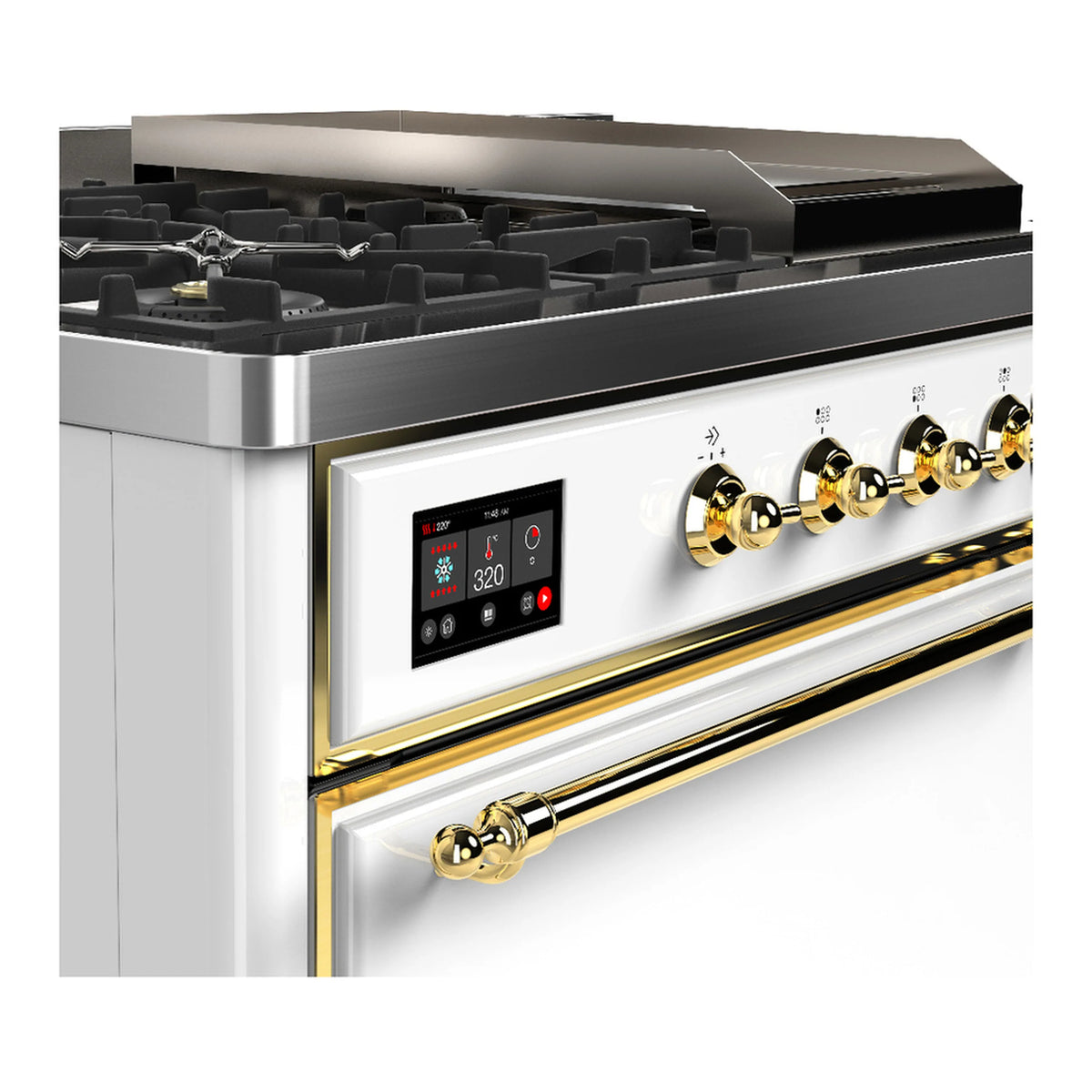 White dual fuel range control panel with digital display and brass/gold knob trim