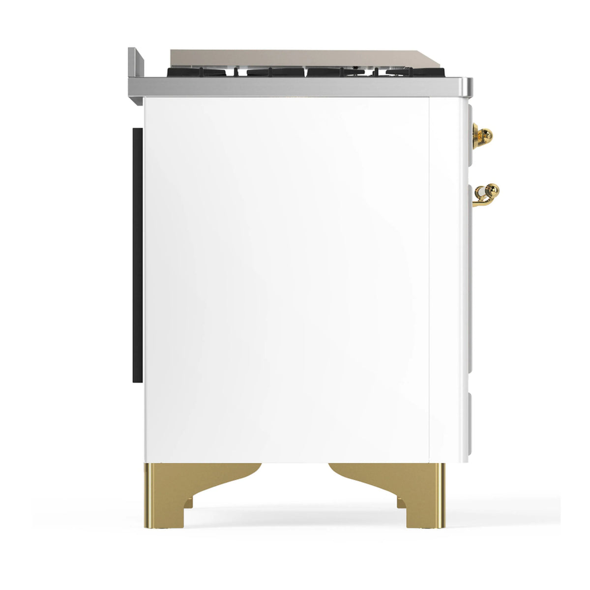 White dual fuel range side panel with black handle and gold base
