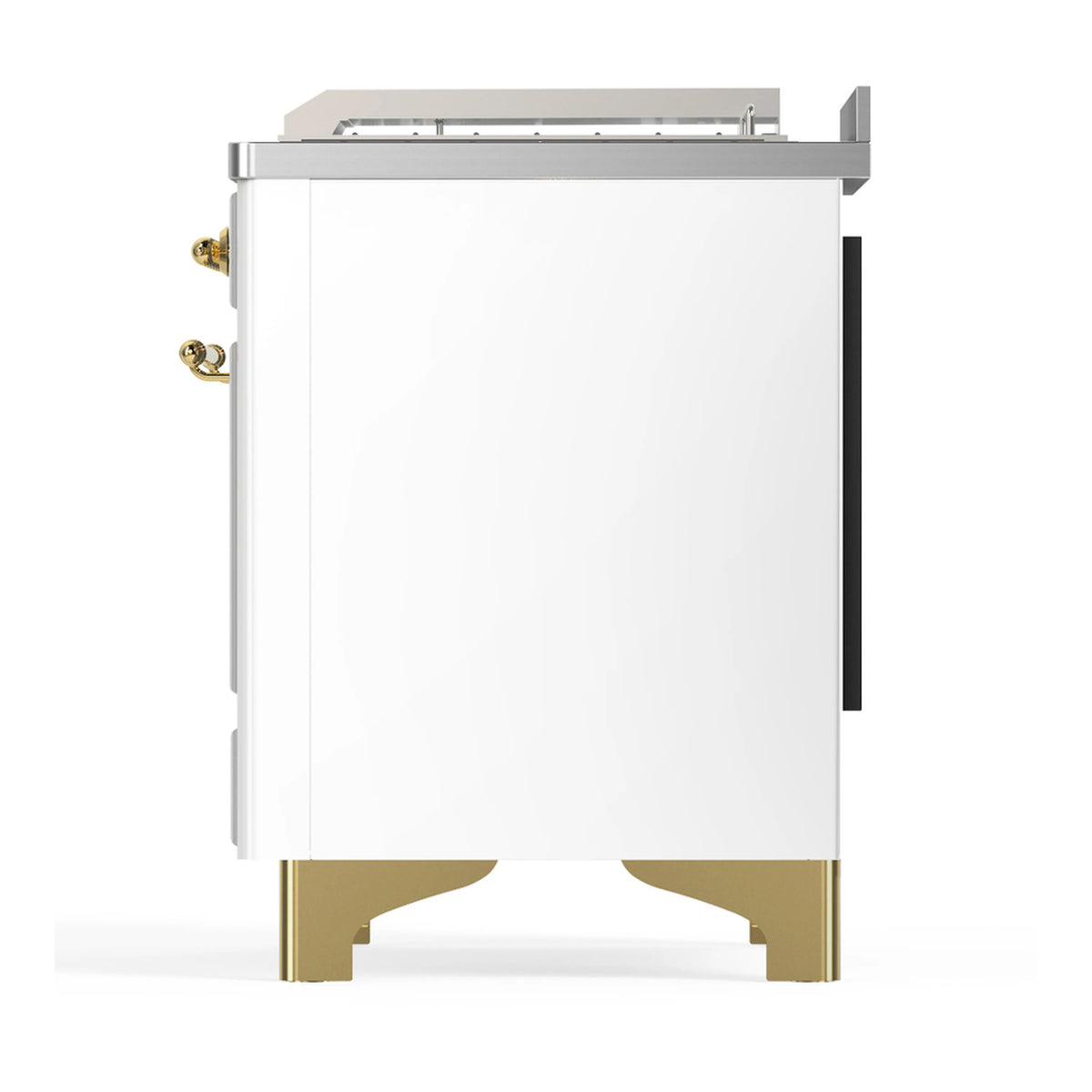 White dual fuel range angled side view with gold side handle and brass accents