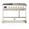 ILVE Majestic III 48-inch Dual Fuel Range with 5 Natural Gas Burner, Griddle, French Top and Solid Door Electric Oven in White with Brass Trim (UM48FSQNR3WHG)