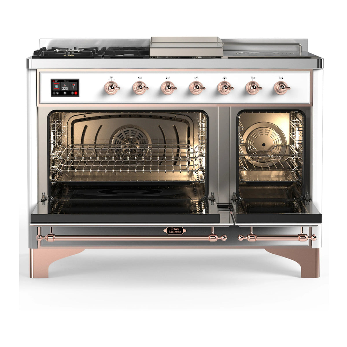 White dual fuel range with copper-trim control knobs, stovetop, and open oven doors