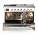 ILVE Majestic III 48-inch Dual Fuel Range with 5 Natural Gas Burner, Griddle, French Top and Solid Door Electric Oven in White with Copper Trim (UM48FSQNR3WHP)