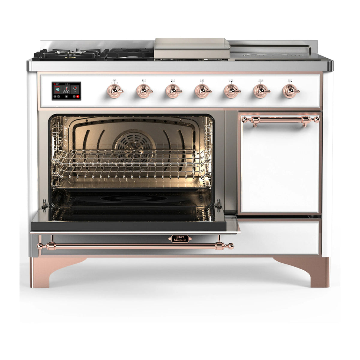 White dual fuel range with copper-trim knobs and one open oven door