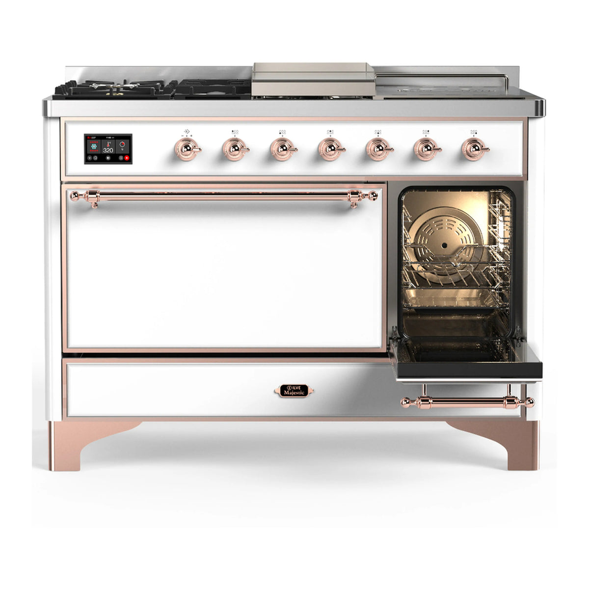 White dual fuel range with copper-trim oven doors and open illuminated interior