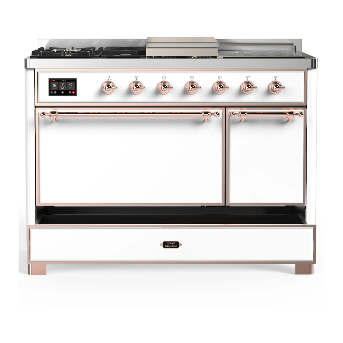 White dual fuel range with copper-trim double oven doors and stovetop control knobs
