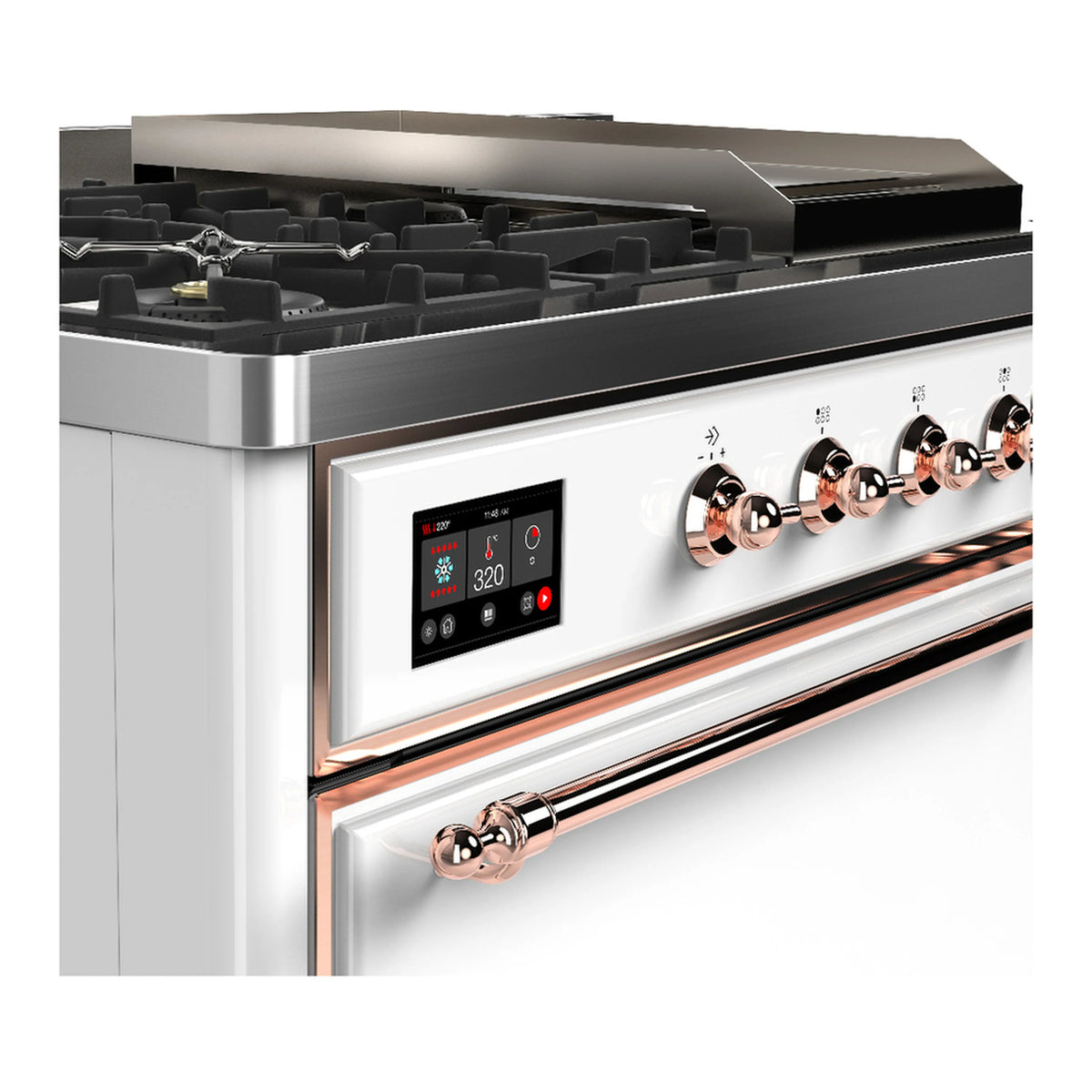 White dual fuel range control panel with copper knobs and stainless stovetop edges