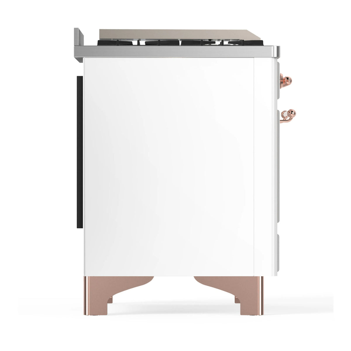 White dual fuel range side view with copper-trim legs and side control panel
