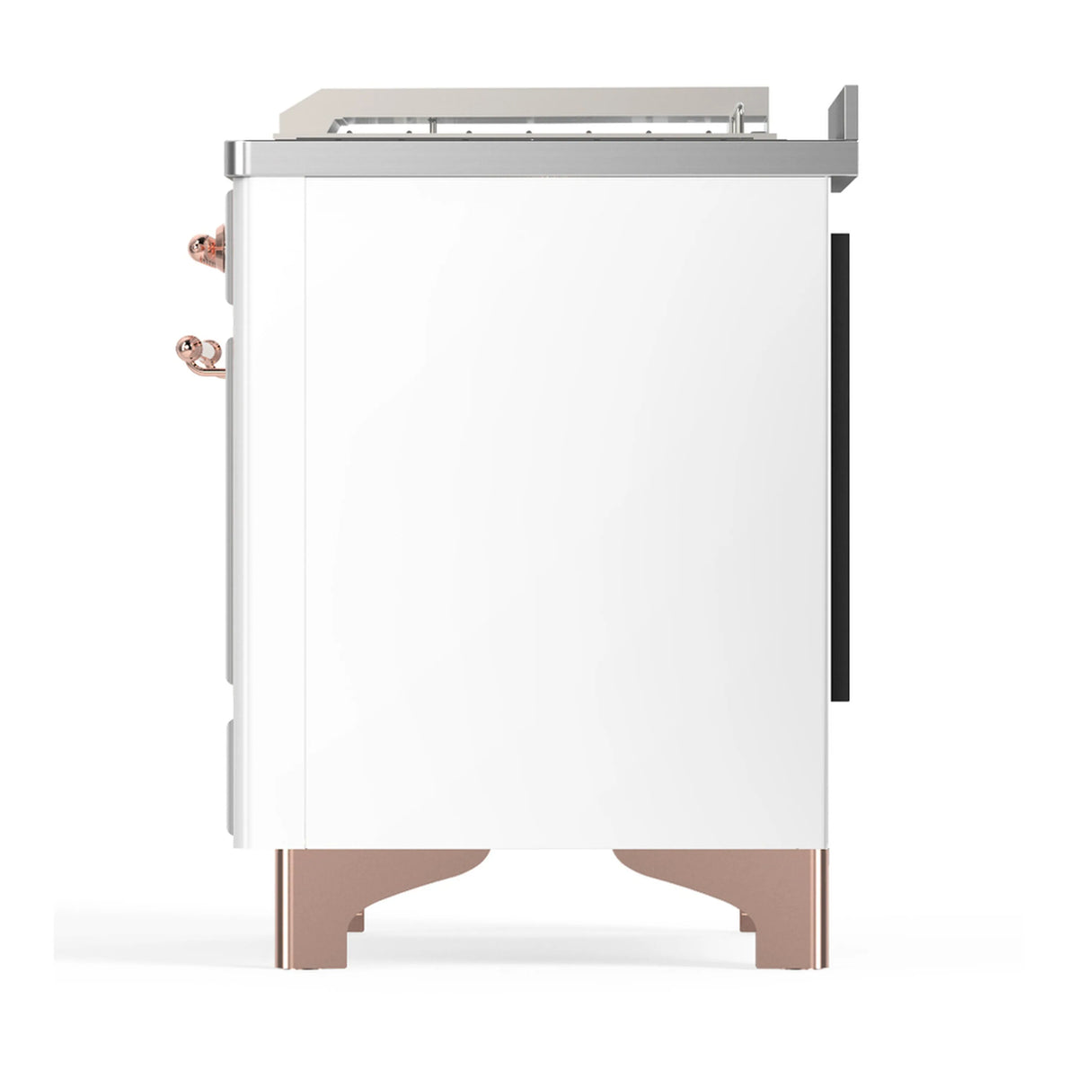White dual fuel range angled back view with copper-trim trim and side panels