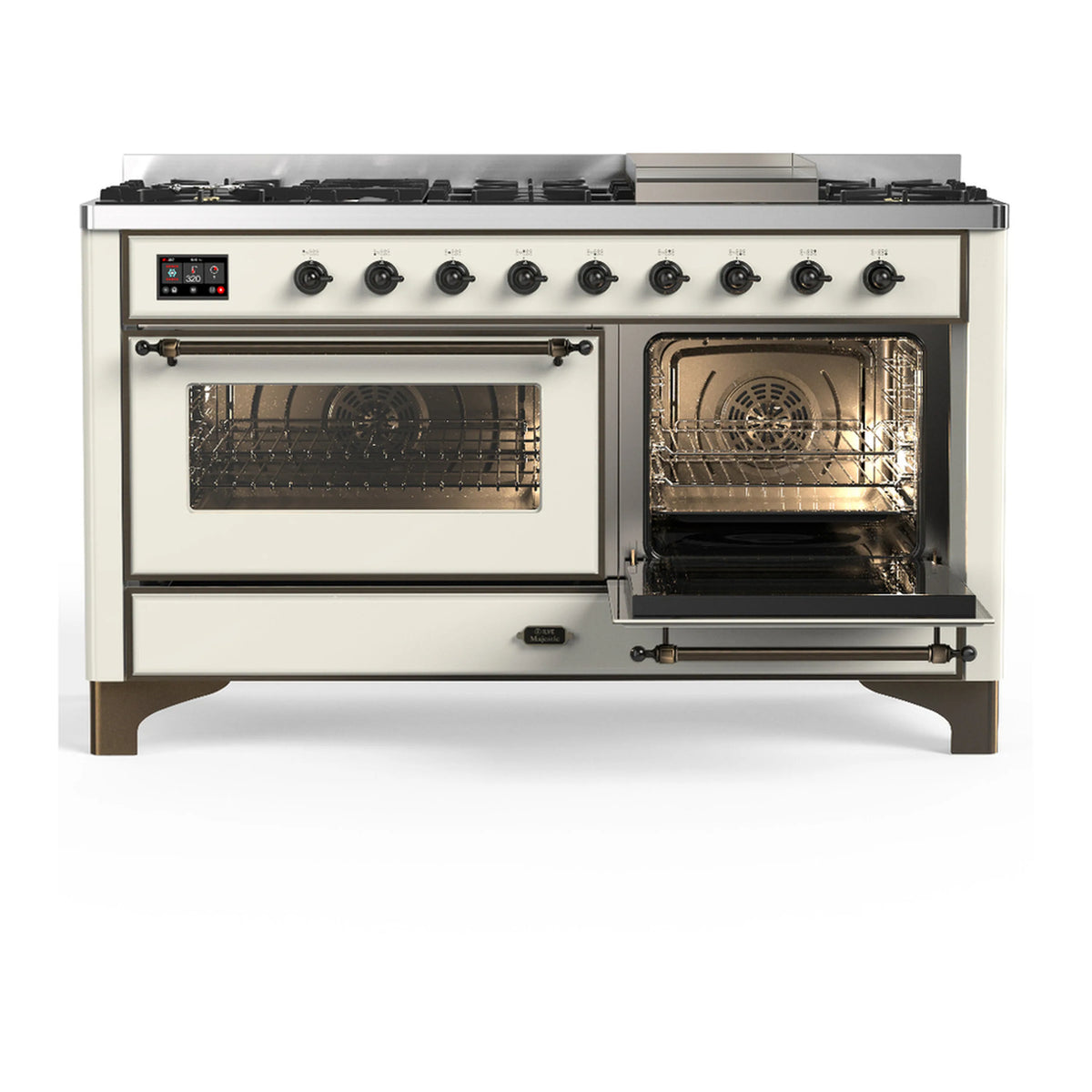 Antique white dual fuel range showing dual ovens with glass doors open and interior racks