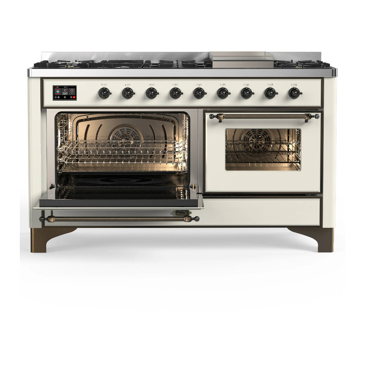 Antique white dual fuel range with both oven doors open and burner knobs on back panel