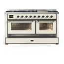ILVE Majestic III 60-inch Dual Fuel Range with 5 Liquid Propane Burner, Griddle and Triple Glass Door Electric Oven in Antique White with Burnished Trim (UM60FNR3AWBLP)