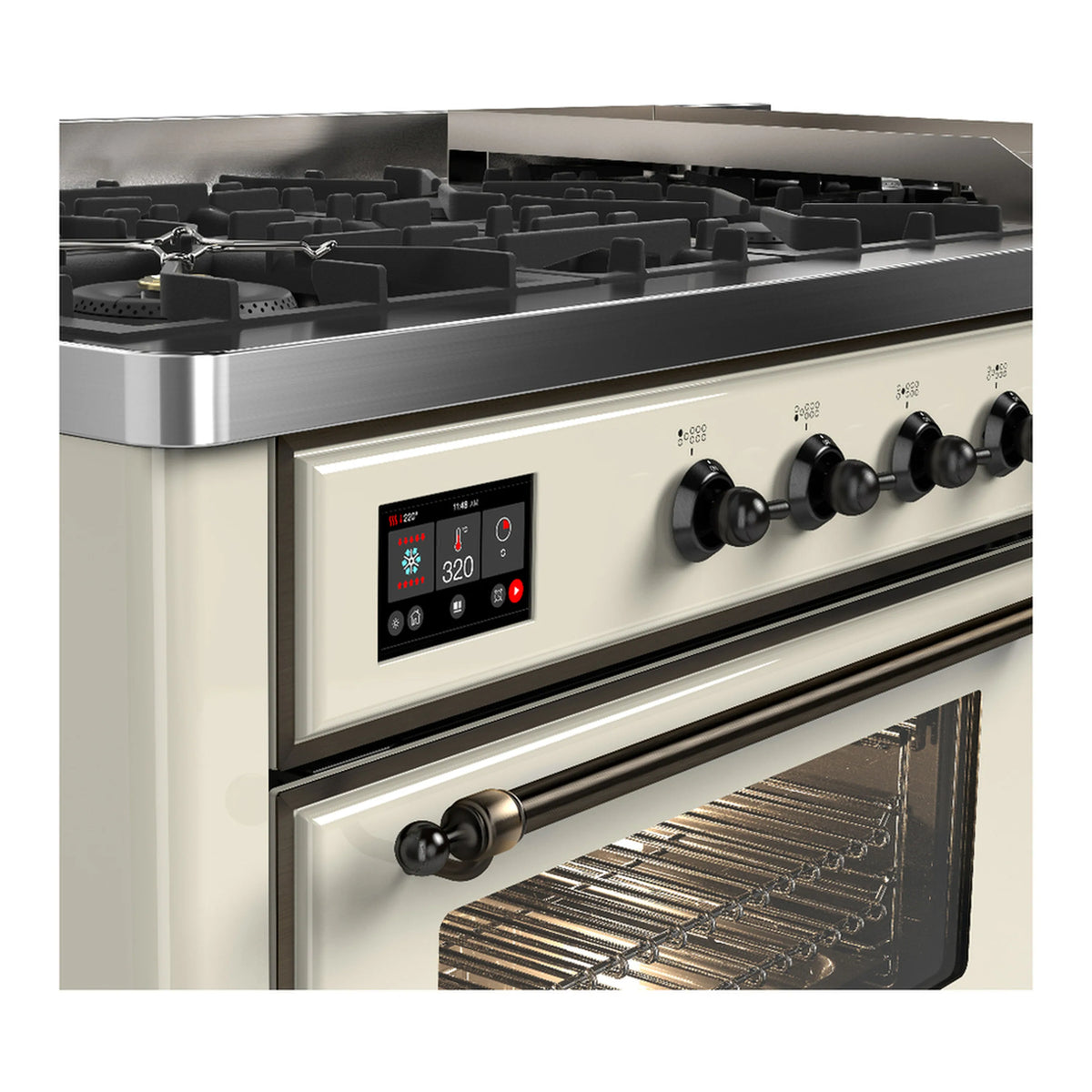 Dual fuel range with griddle, black knobs, and open oven door in antique white.