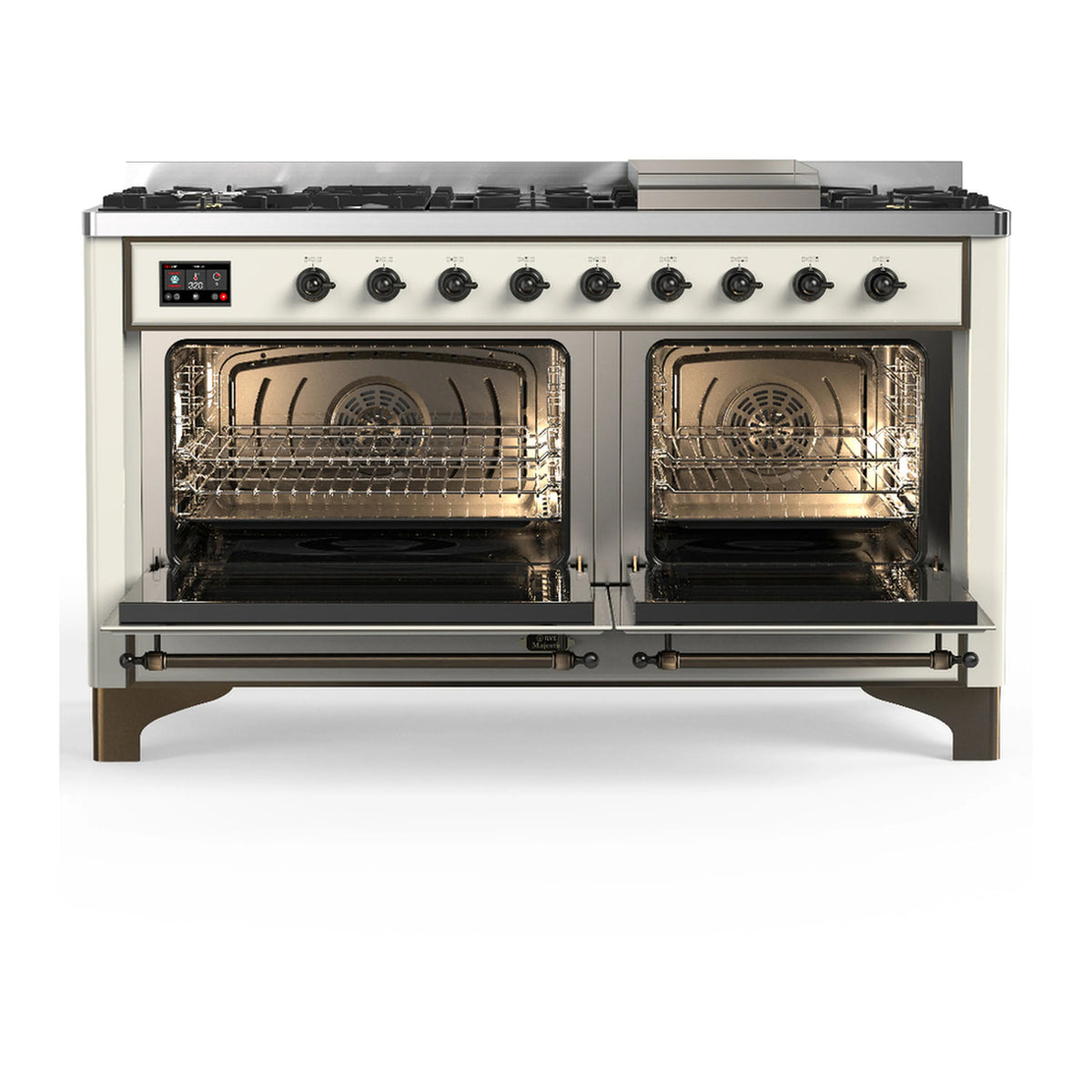 Antique white dual fuel range with two open electric oven doors and interior racks.