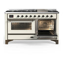 ILVE Majestic III 60-inch Dual Fuel Range with 7 Natural Gas Burner, Griddle and Triple Glass Door Electric Oven in Antique White with Burnished Trim (UM60FNR3AWB)
