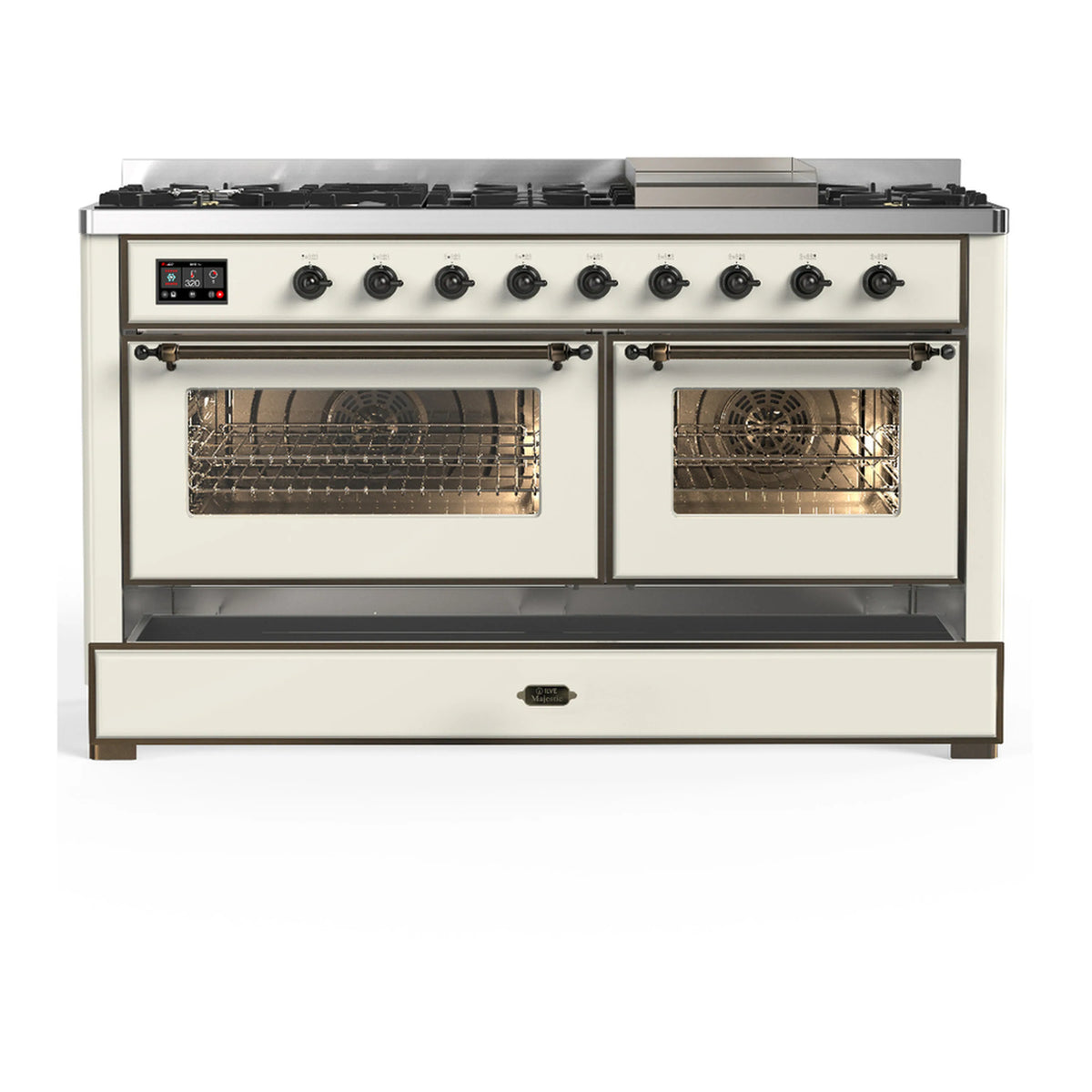 Antique white dual fuel range with two closed oven doors and four burner knobs.