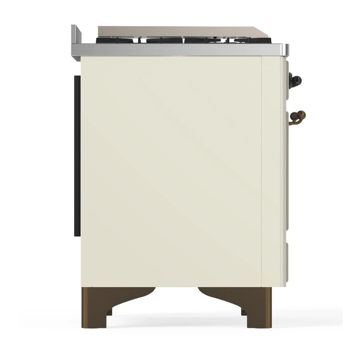Antique white dual fuel range side panel with back vent and stainless trim.
