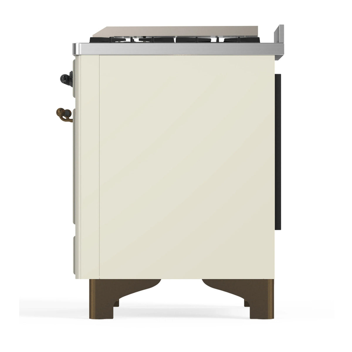 Antique white dual fuel range rear side view with side controls and vent trim.