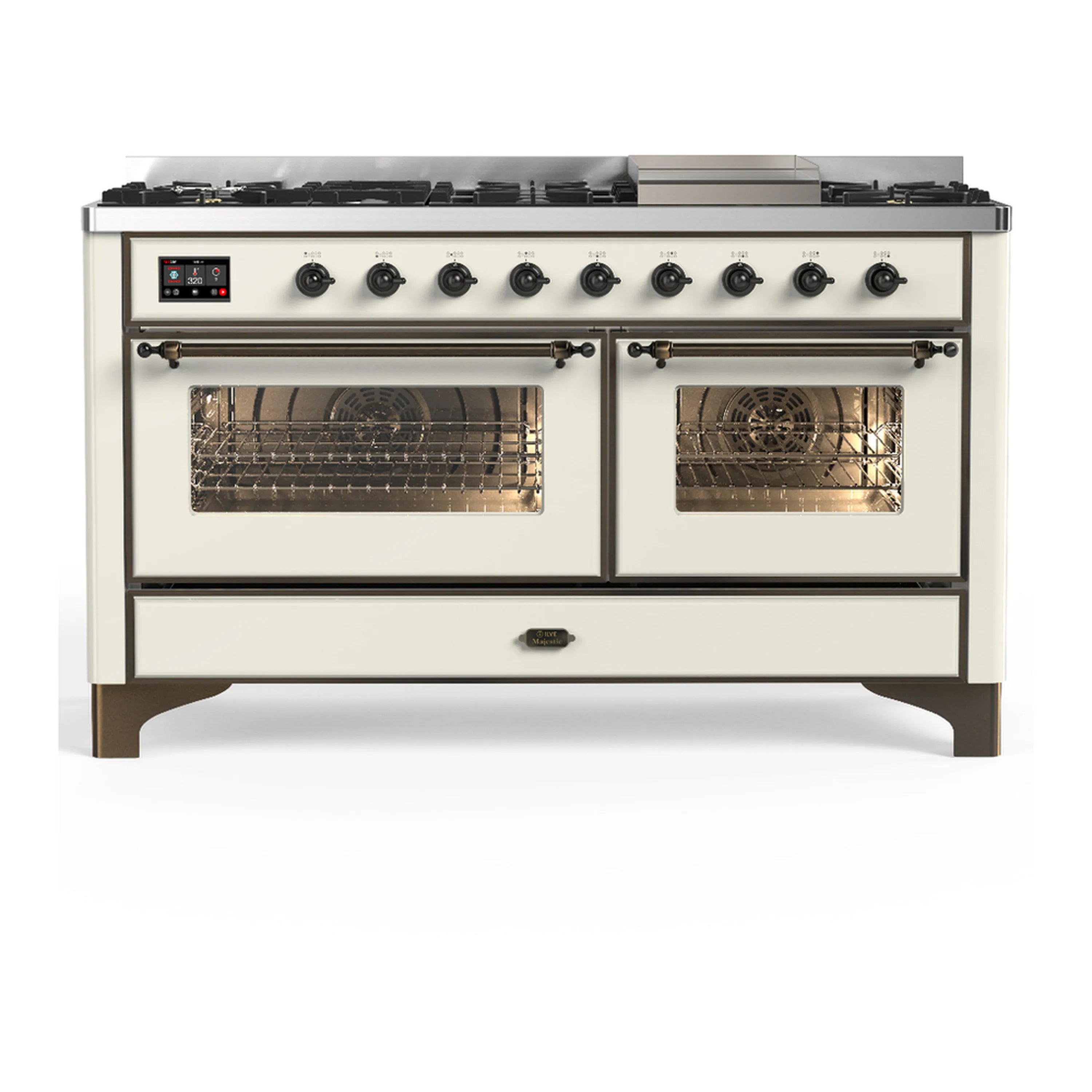 Antique white dual fuel range with both oven doors closed and burner control panel.