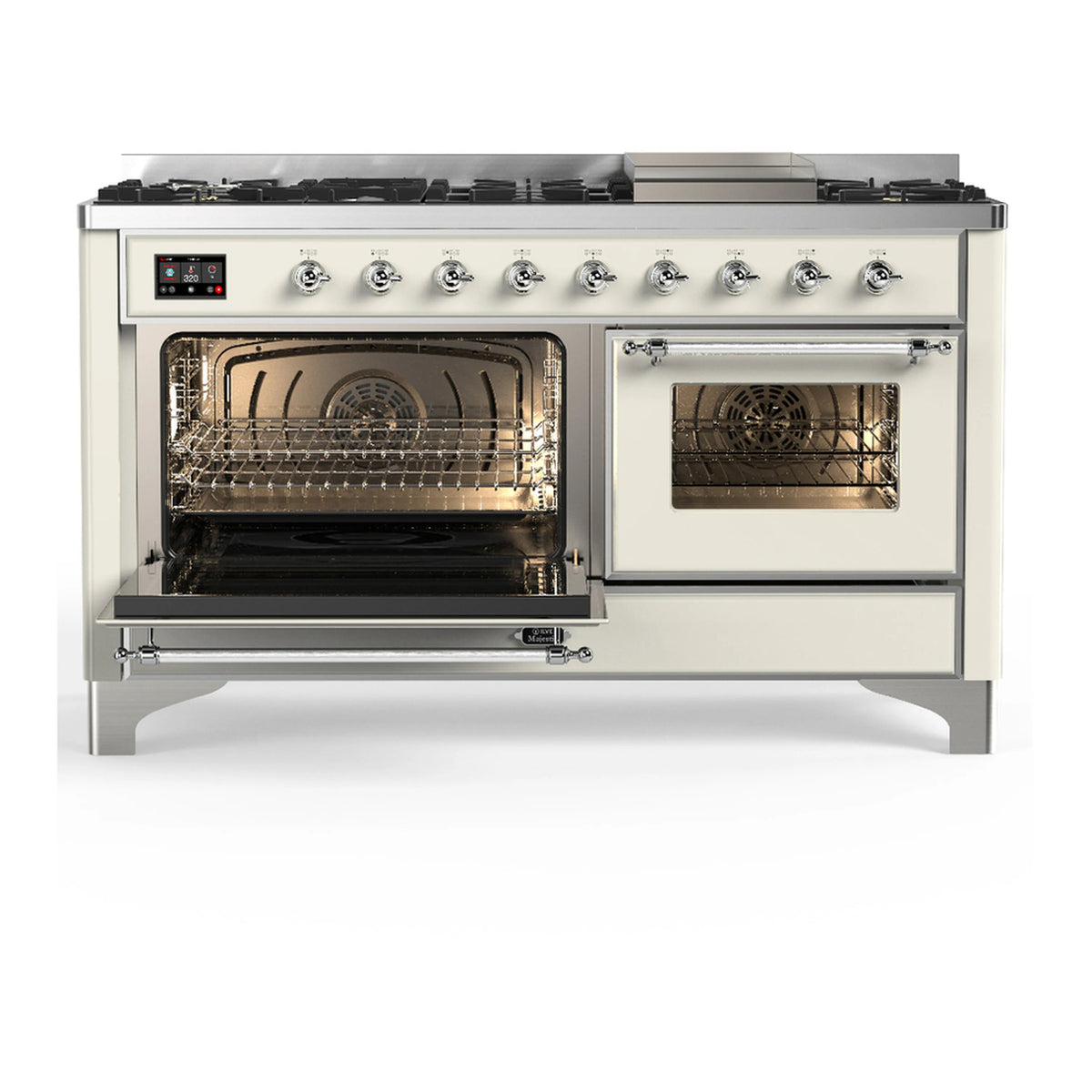 Antique white dual fuel range with one open oven door and griddle and burner controls