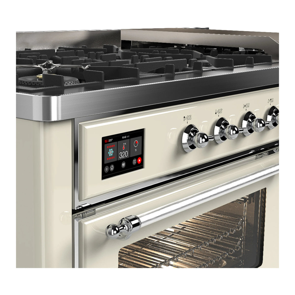 Antique white dual fuel range with chrome trim, control panel, and open oven door
