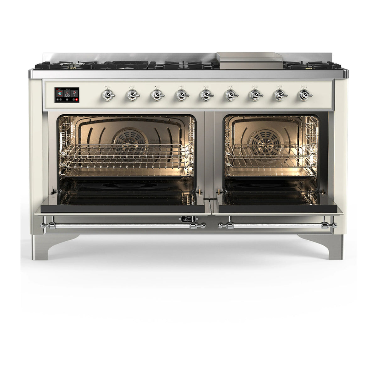 Antique white dual fuel range with two open ovens and chrome control knobs