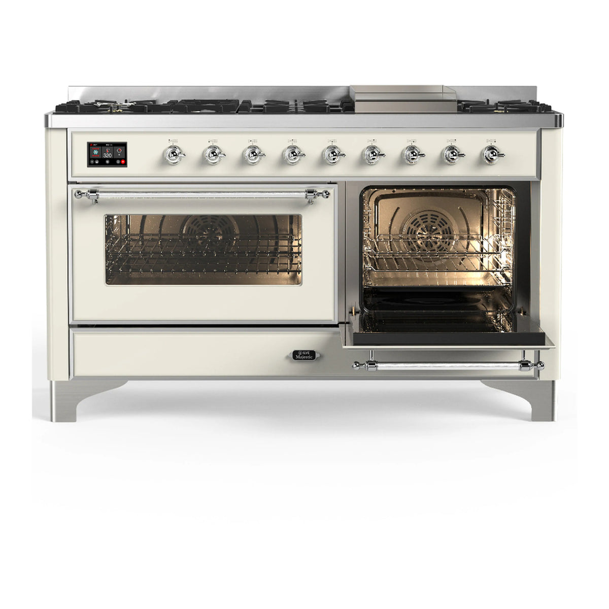 Antique white dual fuel range with one oven open, vented glass door, and chrome knobs